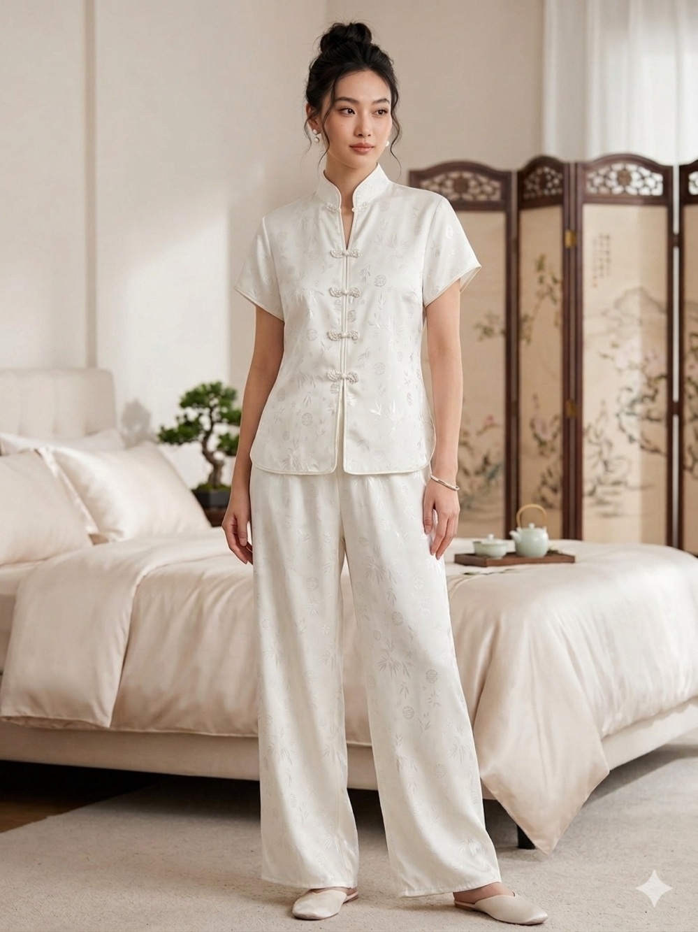 VTG TH New Fashion 100% Silk Lounge Set in Ivory Jacquard